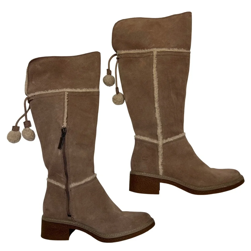 Timberland Taupe Suede Shearling Pom Pom Nordic Boho Cozy Tall Boots Size 7.5